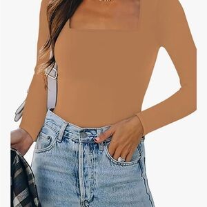 Elegant Square Neck Long Sleeve Top in Tan